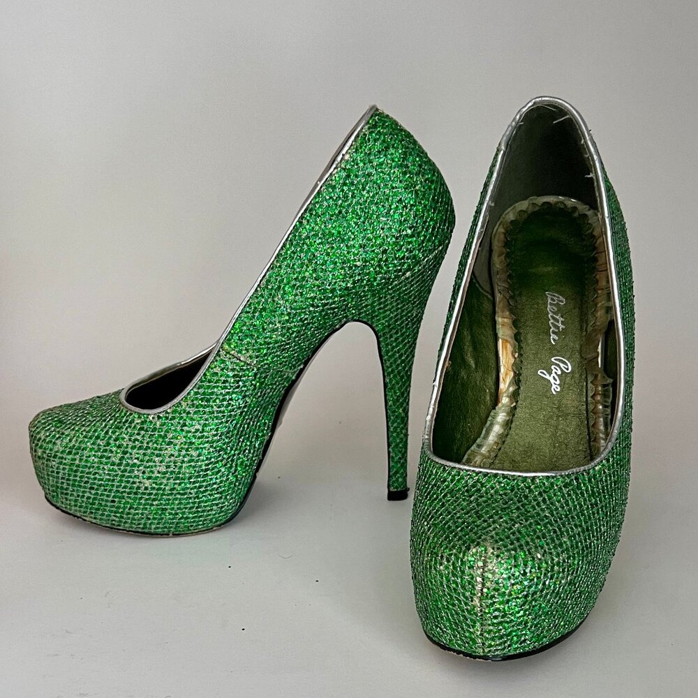 Bettie Page Green Glitter Pinup High Heels Burlesque Dancer Diva